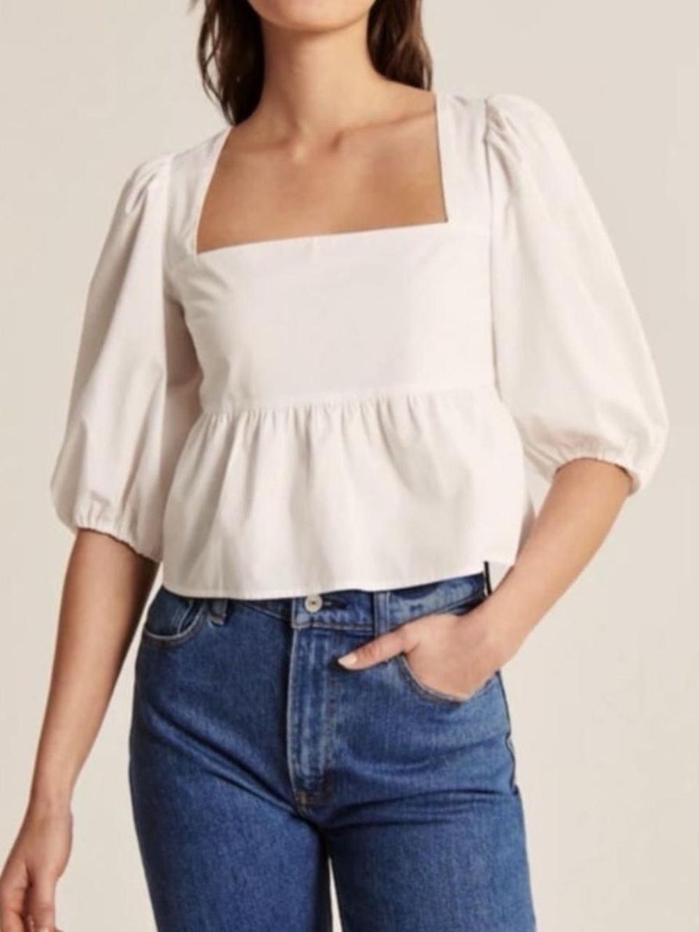 Abercrombie & Fitch Cotton Square-Neck Peplum Poplin Puff Sleeve Top White Med